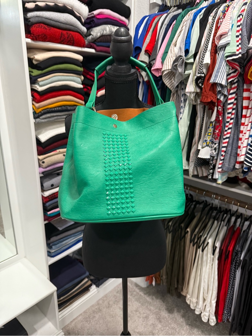 JustFab Green Faux Leather Shoulder Bag with Stud Panel